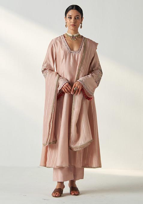 Blush Pink Sequin Hand Embroidered Chanderi Kurta Set