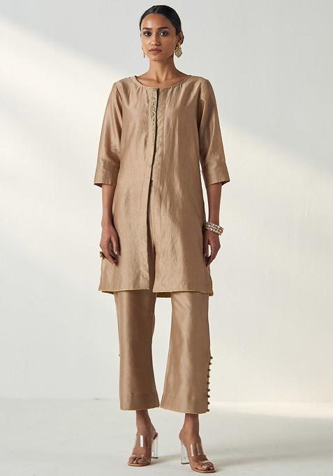 Fawn Embroidered Chanderi Kurta Set