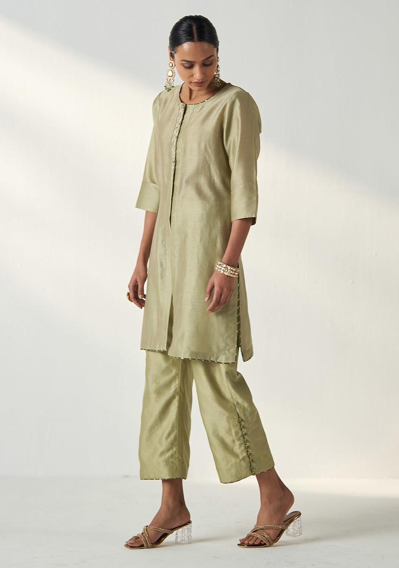 Green Hand Embroidered Chanderi Kurta Set