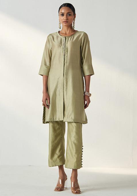 Green Hand Embroidered Chanderi Kurta Set