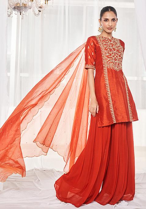 Burnt Orange Embroidered Kurta Set