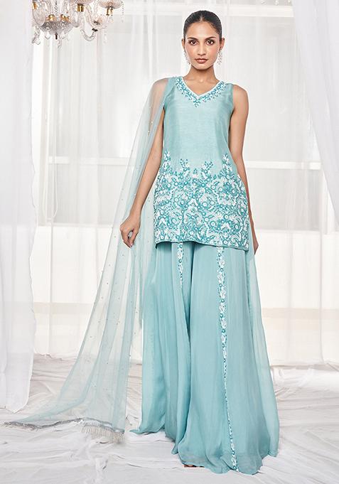 Candy Blue Embroidered Sharara Set