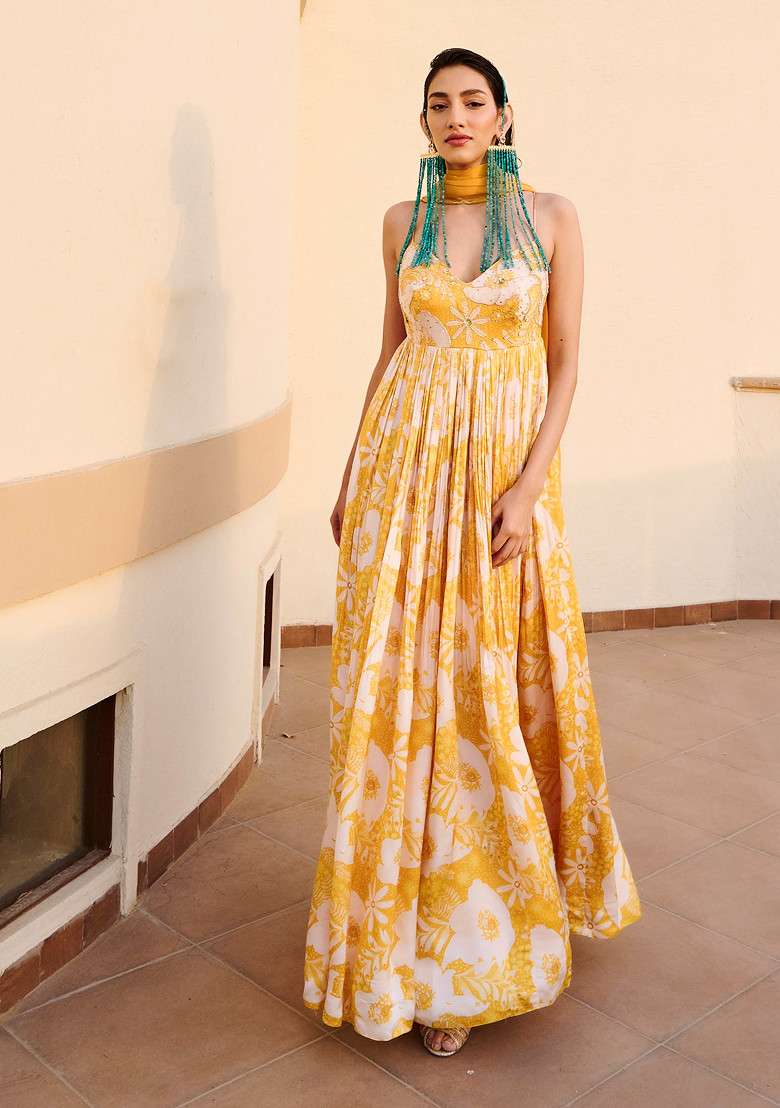Yellow And White Floral Print Embroidered Anarkali Set - Indya