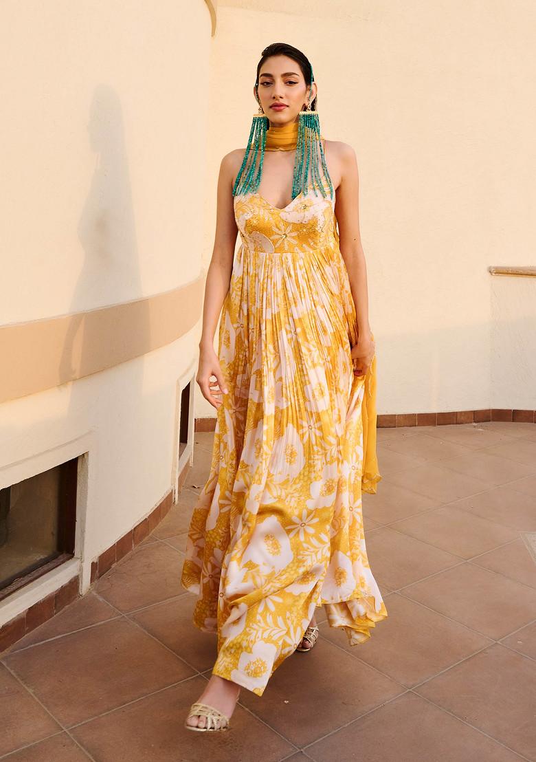 Yellow And White Floral Print Embroidered Anarkali Set