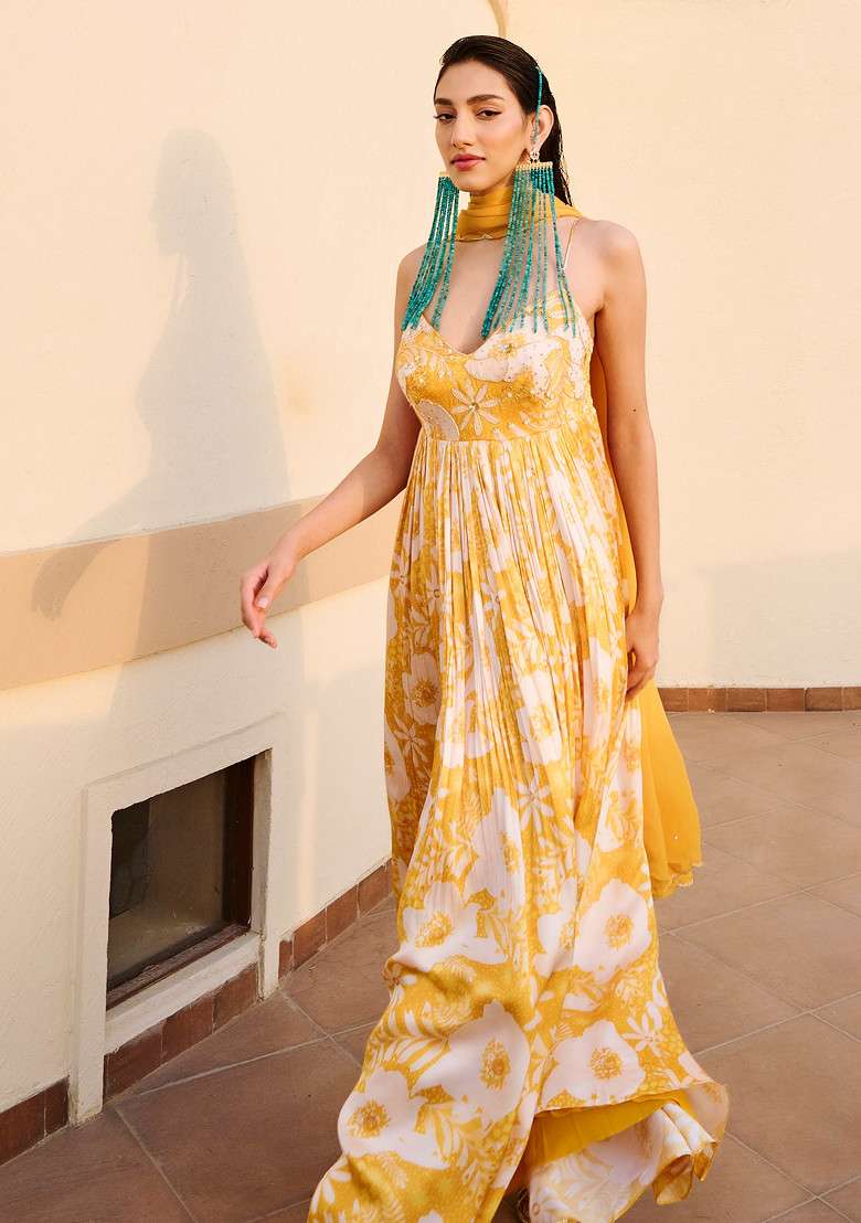 Yellow And White Floral Print Embroidered Anarkali Set - Indya