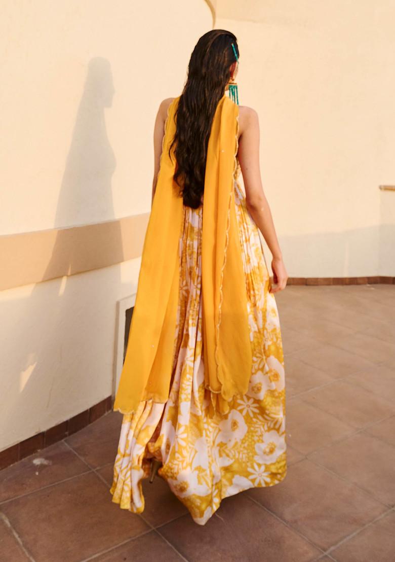 Yellow And White Floral Print Embroidered Anarkali Set