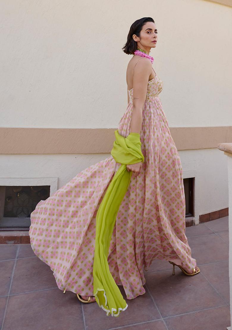 Light Pink And Lime Floral Print Embroidered Anarkali Set - Indya