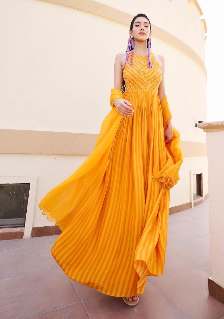 Mustard And Dark Orange Embroidered Anarkali Set - Indya