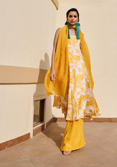 Yellow And White Floral Print Anarkali Set