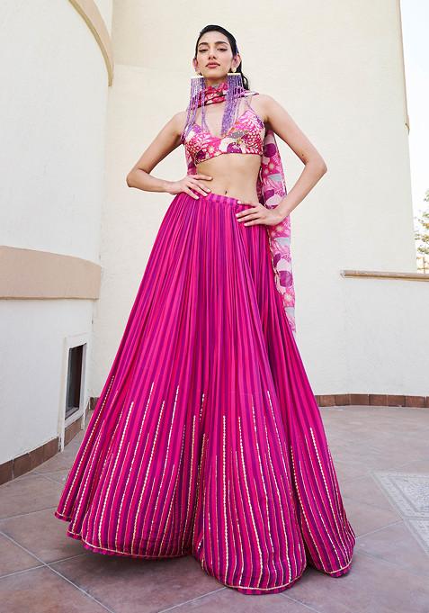 Pink And Purple Embroidered Crepe Lehenga Set