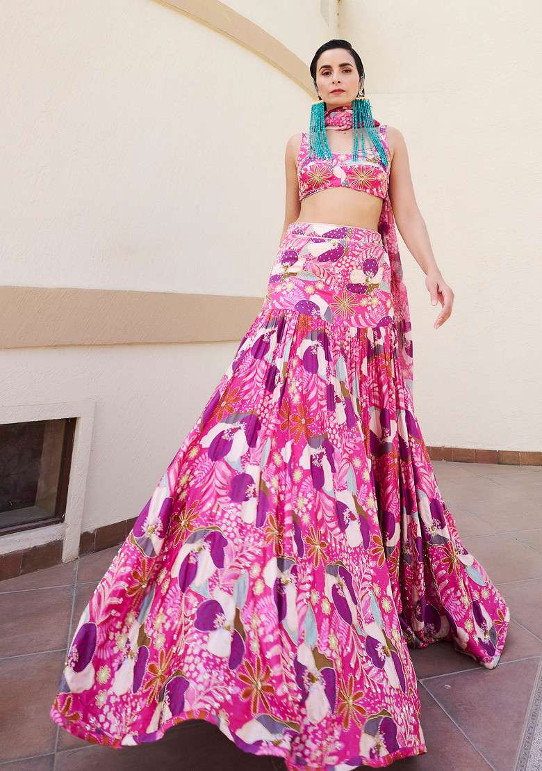 Pink And Purple Embroidered Lehenga Set - Indya