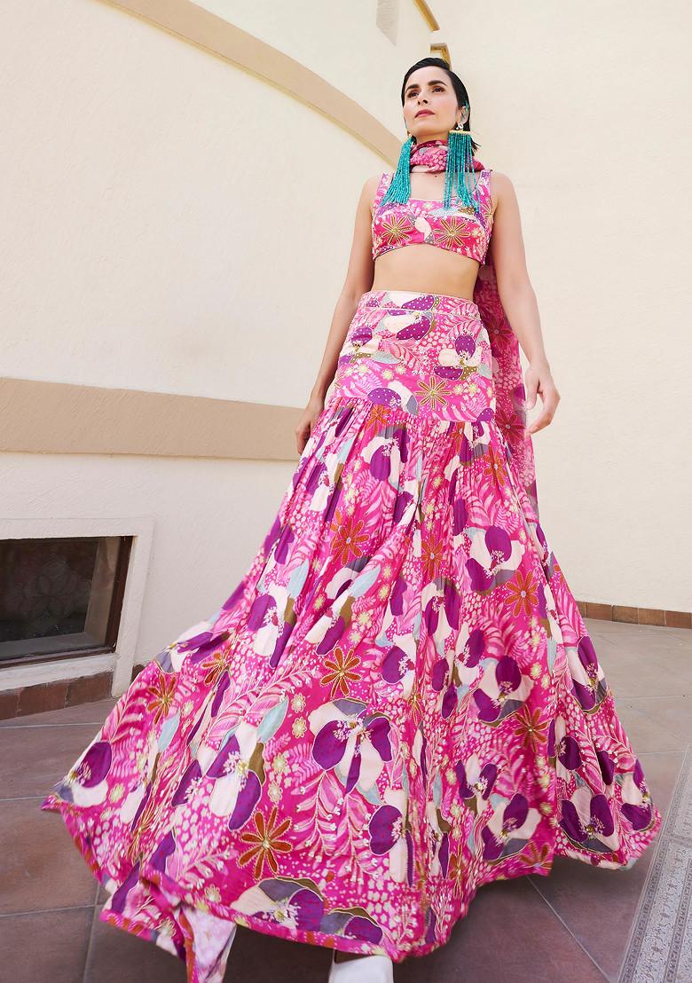 Pink And Purple Embroidered Lehenga Set