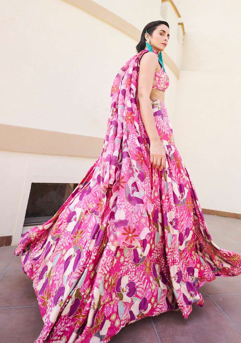 Pink And Purple Embroidered Lehenga Set - Indya