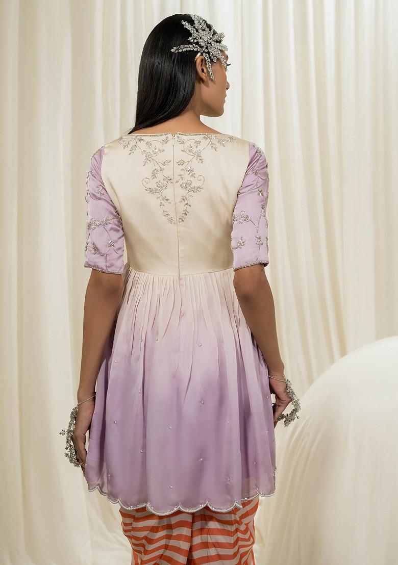 Lavender And Orange Floral Embroidered Organza Dhoti Set