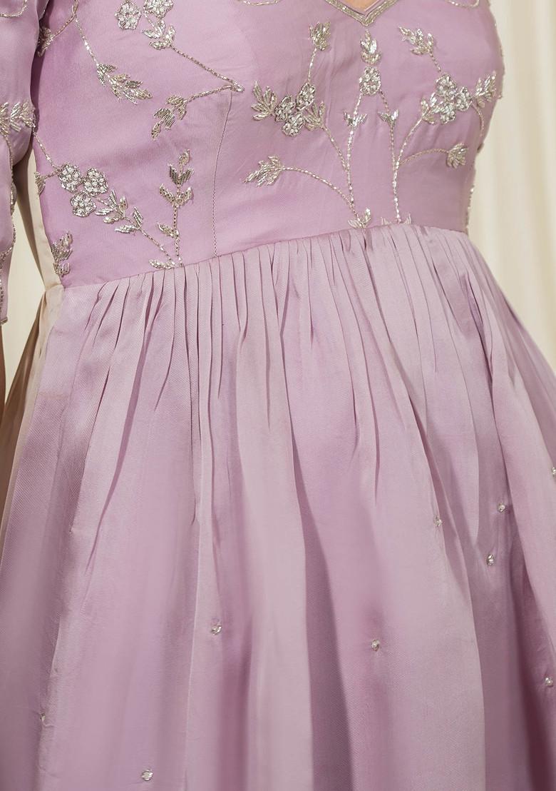 Lavender And Orange Floral Embroidered Organza Dhoti Set