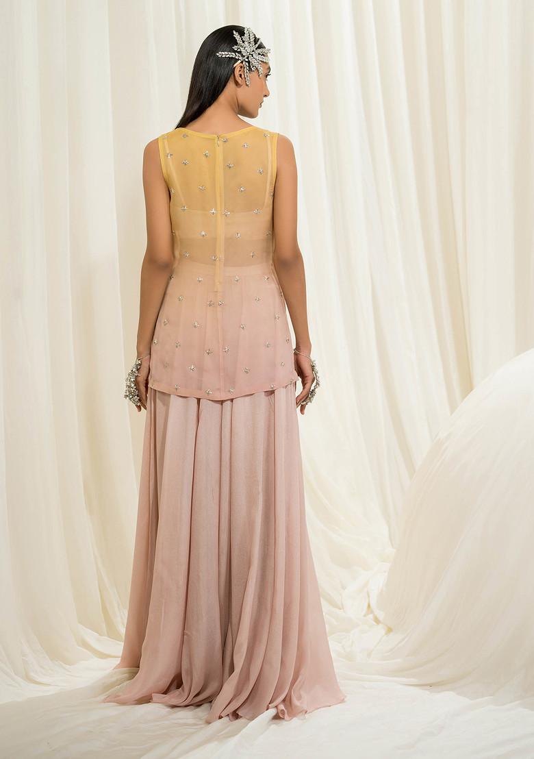 Light Baby Pink And Ombre Crepe Embroidered Sharara Set