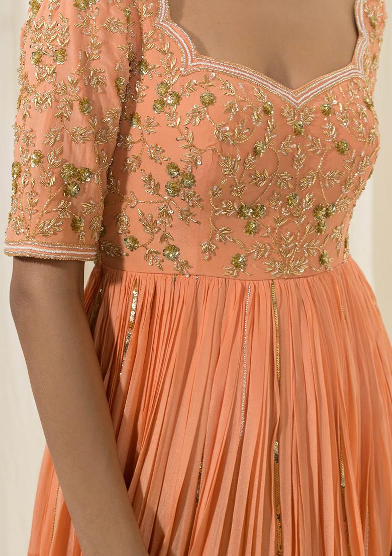 Peach Embroidered Crepe Anarkali Set - Indya