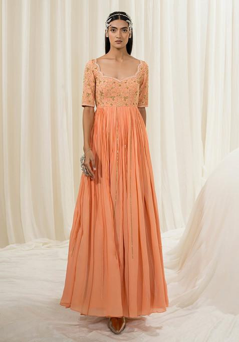 Peach Embroidered Crepe Anarkali Set