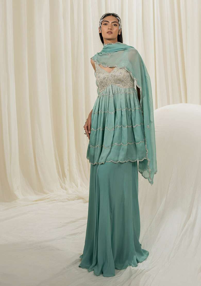 Light Mint And Turquoise Embroidered Organza Sharara Set - Indya