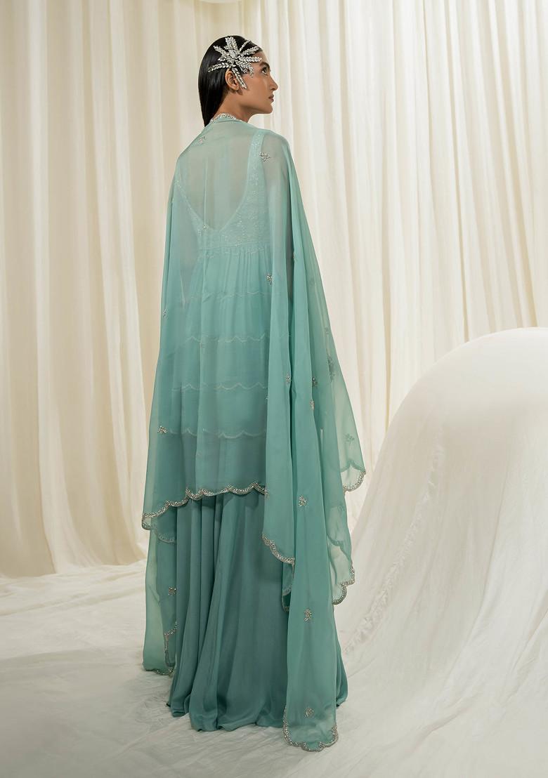 Light Mint And Turquoise Embroidered Organza Sharara Set