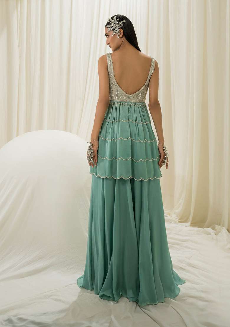 Light Mint And Turquoise Embroidered Organza Sharara Set - Indya