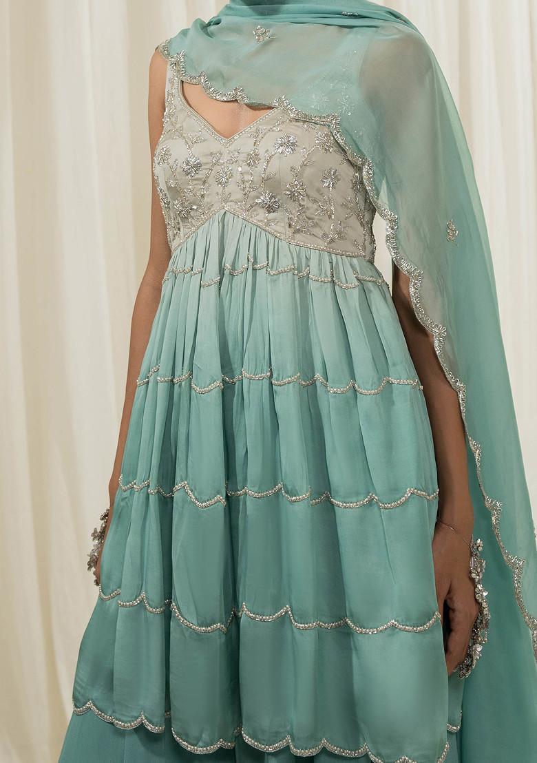 Light Mint And Turquoise Embroidered Organza Sharara Set