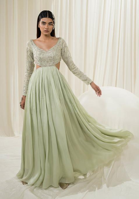 Light Mint Embroidered Organza Anarkali Set