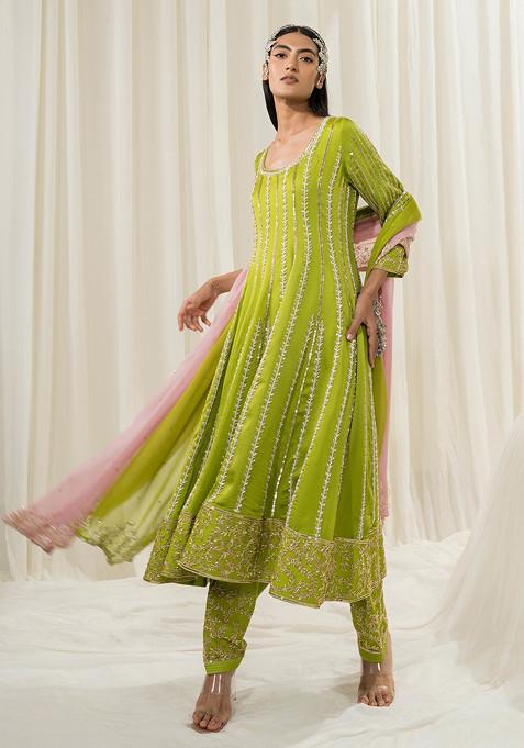 Parrot Green Embroidered Organza Anarkali Set