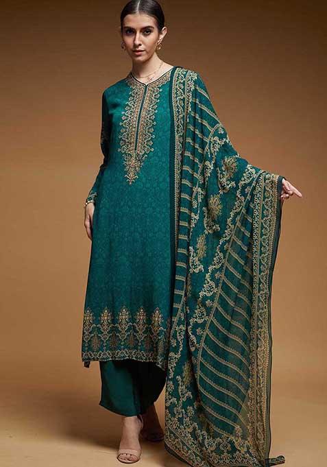 Teal Digital Print Bamberg Crepe Long Kurta Set