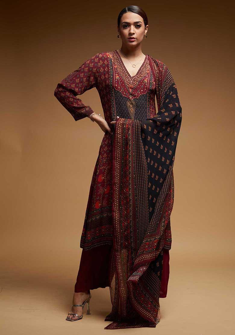 Red Digital Print Bamberg Crepe Long Kurta Set