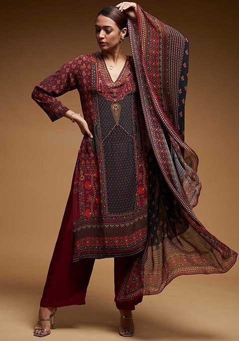 Red Digital Print Bamberg Crepe Long Kurta Set