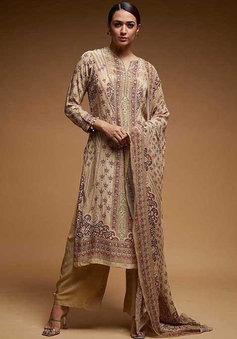 Beige Printed Rhinestones Work Bamberg Crepe Long Kurta Set