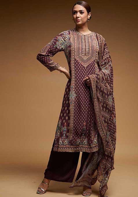 Wine Printed Rhinestones Work Bamberg Crepe Long Kurta Set