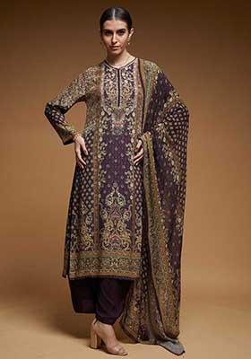 Brown Printed Rhinestones Work Bamberg Crepe Long Kurta Set