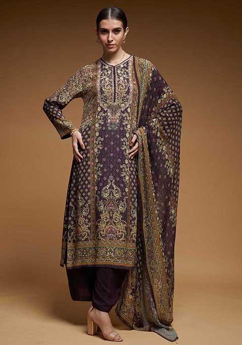 Brown Printed Rhinestones Work Bamberg Crepe Long Kurta Set