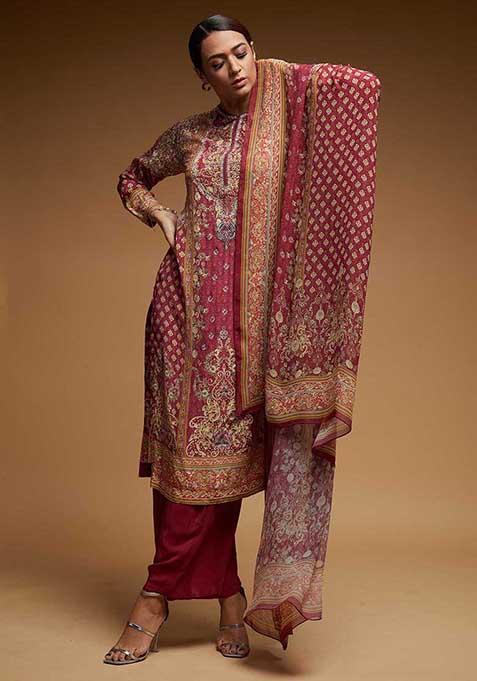 Pale Pink Printed Rhinestones Work Bamberg Crepe Long Kurta Set