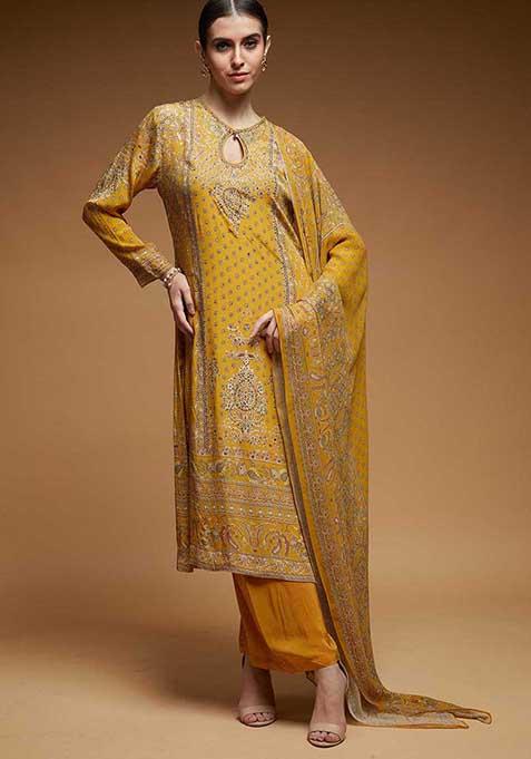 Mustard Printed Rhinestones Work Bamberg Crepe Long Kurta Set