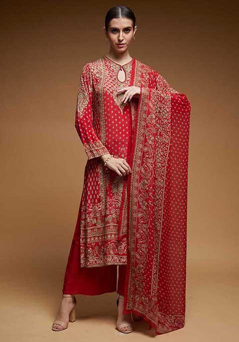 Rose Red Printed Rhinestones Work Bamberg Crepe Long Kurta Set