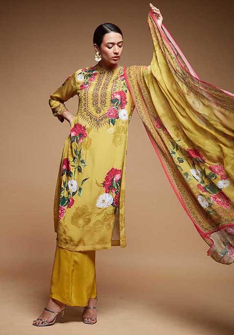 Mustard Yellow Printed Rhinestones Work Bamberg Crepe Long Kurta Set