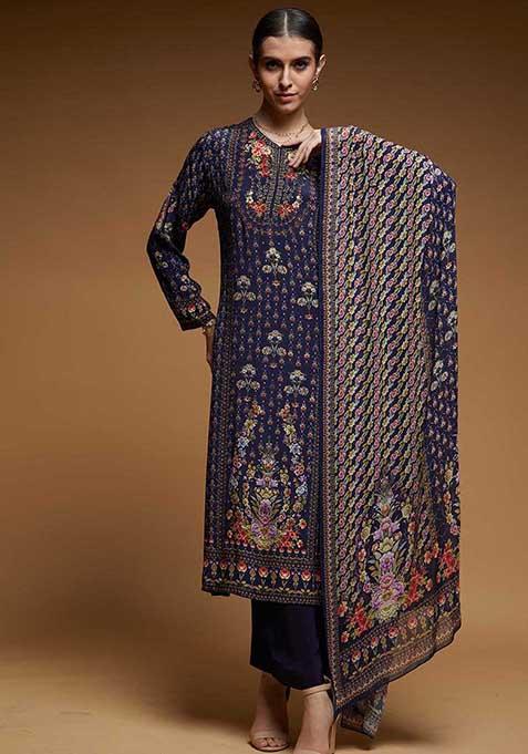 Blue Printed Rhinestones Work Bamberg Crepe Long Kurta Set