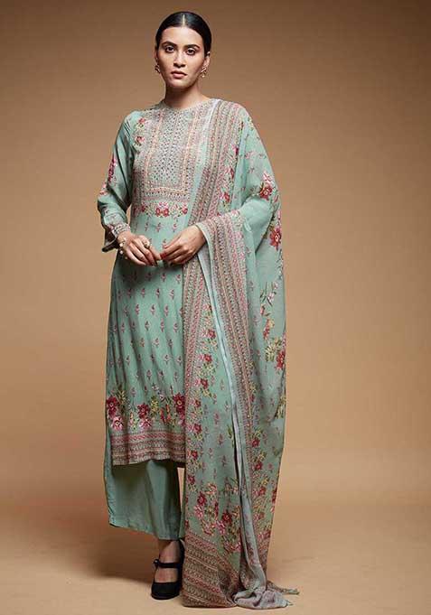 Aqua Printed Rhinestones Work Bamberg Crepe Long Kurta Set