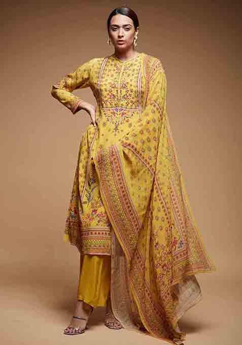 Mustard Digital Print Bamberg Crepe Long Kurta Set