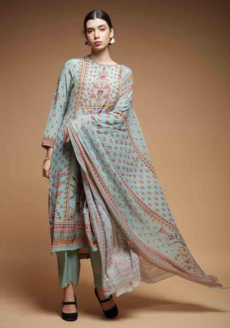 Pale Mint Digital Print Bamberg Crepe Long Kurta Set
