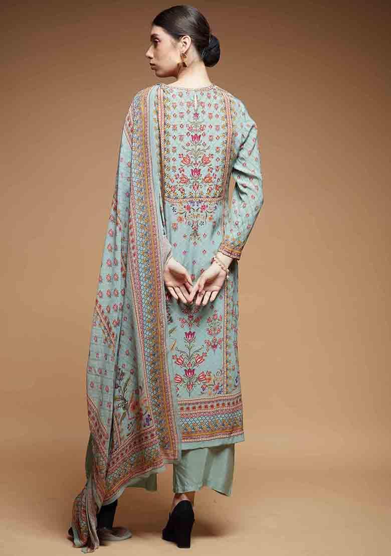 Pale Mint Digital Print Bamberg Crepe Long Kurta Set