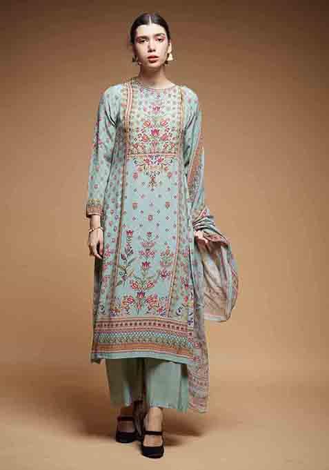 Pale Mint Digital Print Bamberg Crepe Long Kurta Set