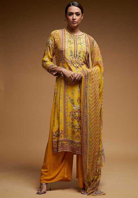 Mustard Printed Rhinestones Work Crepe Long Kurta Set