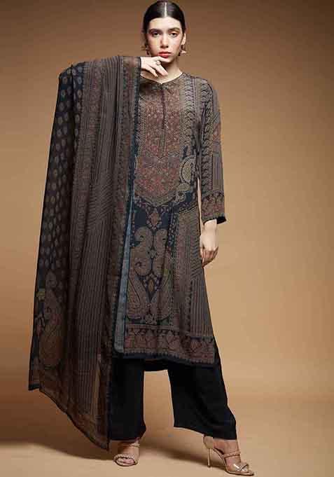 Black Printed Rhinestones Work Bamberg Crepe Long Kurta Set