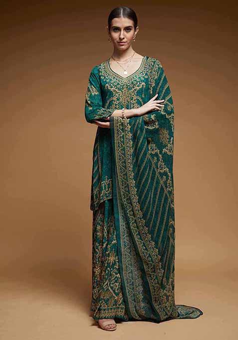 Teal Printed Rhinestones Work Bamberg Crepe Sharara Set