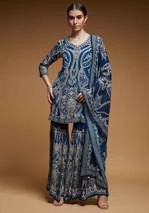 Blue Bamberg Crepe Printed Rhinestones Work Sharara Set