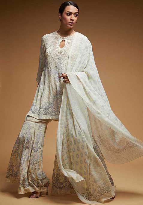 Ivory Printed Rhinestones Work Bamberg Crepe Sharara Set